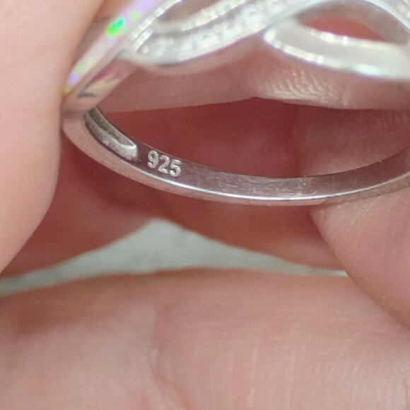 Sterling Silver Infinity Knot Ring W/ Opal Inlay and Cubic Zirconia Size 7.5 - Picture 2 of 4